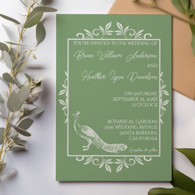Moss Green Peacock Faire-part de mariage florissan (Moss Green Peacock Flourish Wedding Invitation)