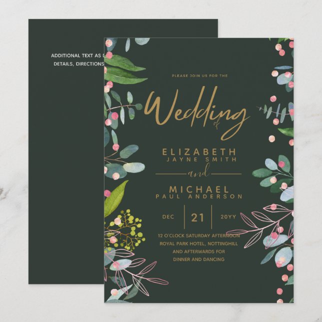 Moss Green Rose Gold Wedings Einladungen (Vorne/Hinten)