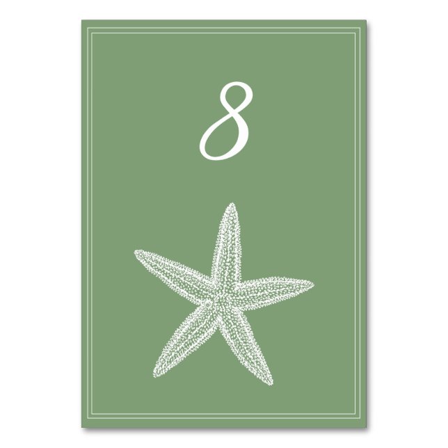 Moss Green Starfish Tischnummer Card (Vorderseite)