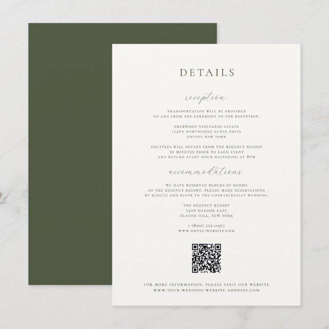 Moss Green Wedding Details Card Einladung (Vorne/Hinten)