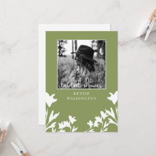 Moss Green White Floral B/W Foto Brautparty Einladung