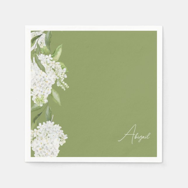 Moss Green White Floral Script Name Brautparty Serviette (Vorderseite)