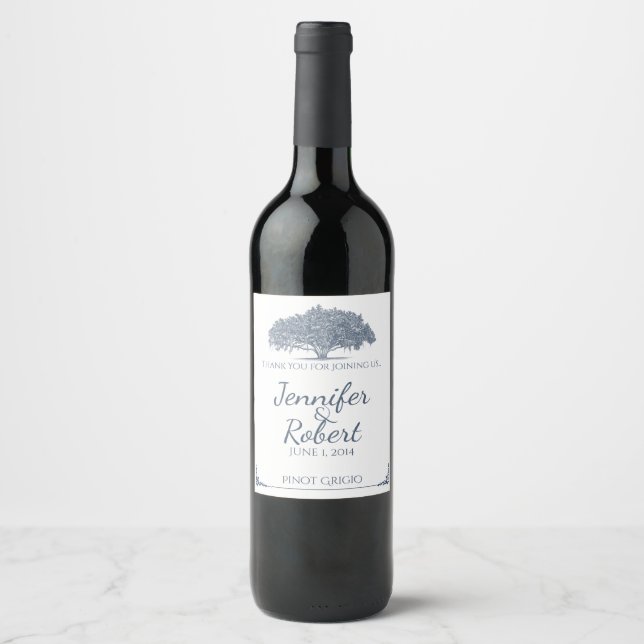 Mossy Oak Tree in Blue Wedding Wine Label Weinetikett (Vorderseite)