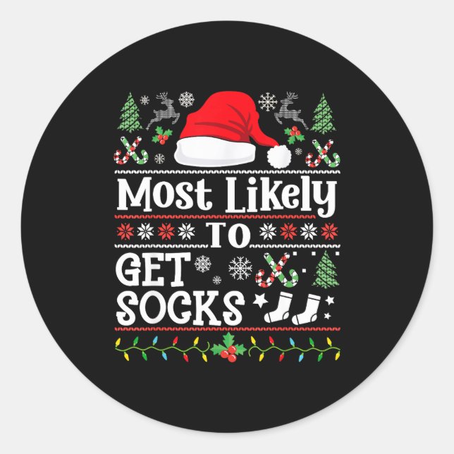 Most Likely To Get Socks - Family Christmas Pajama Runder Aufkleber (Vorderseite)