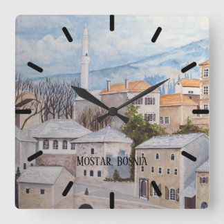 Mostar, Bosnien - Akrylenmalerei Quadratische Wanduhr