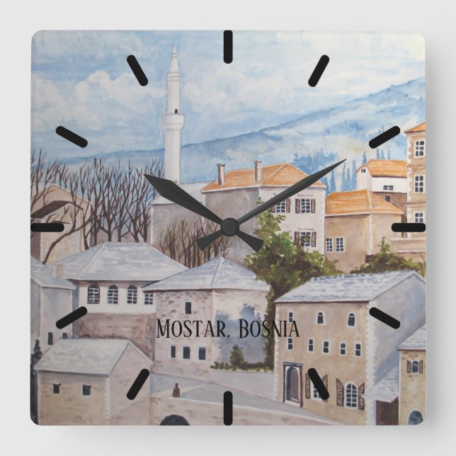 Mostar, Bosnien - Akrylenmalerei Quadratische Wanduhr (Vorderseite)