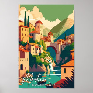 Mostar Bosnien Art Vintage Reisebild Poster
