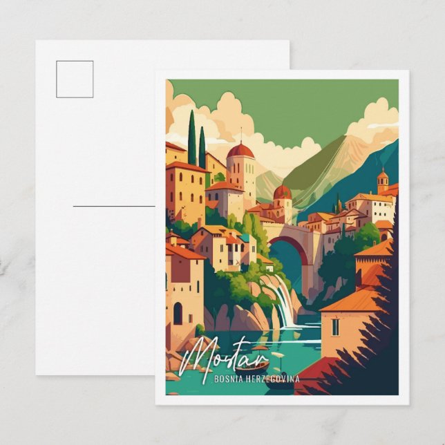 Mostar Bosnien Art Vintage Reisebild Postkarte (Vorne/Hinten)