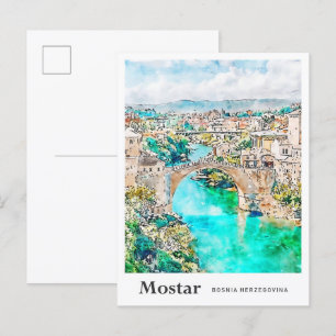Mostar Bosnien Reise Wasserfarbe Handgezeichnet Postkarte