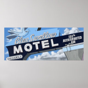 Motel bleu d'hirondelle sur la rétro affiche de