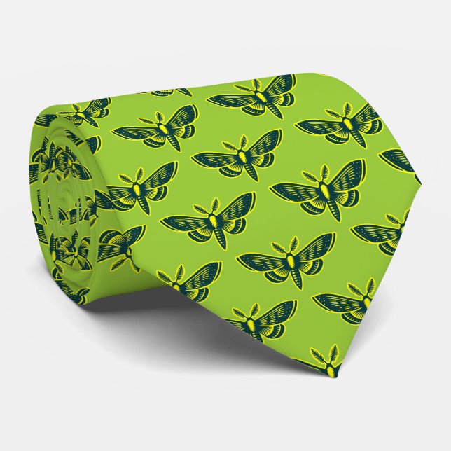 Moth Pattern - Dunkelgrün und Gelb auf Mars Grn Krawatte (Gerollt)