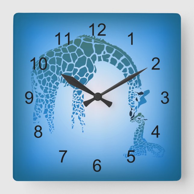 Mother and Cute Baby Giraffe Cerulean Quadratische Wanduhr (Vorderseite)