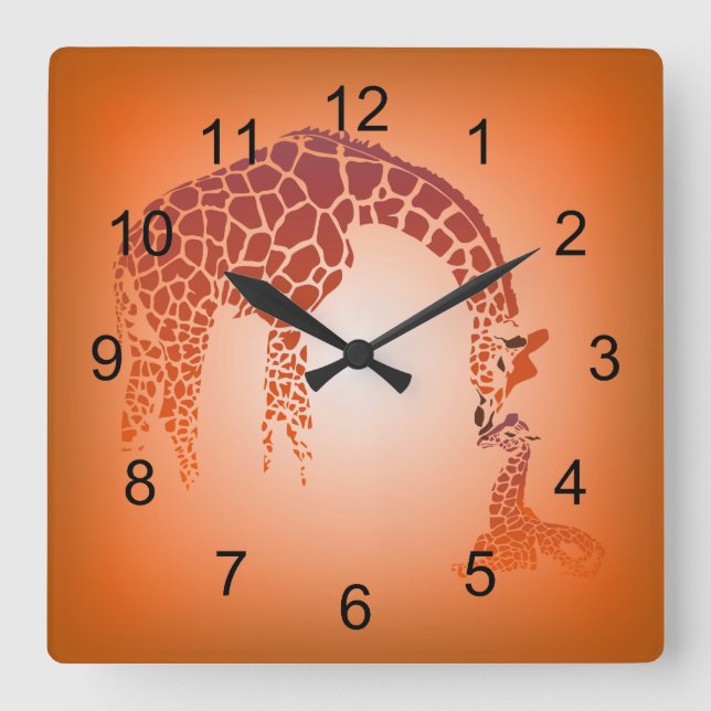 Mother and Cute Baby Giraffe Tangerine Quadratische Wanduhr (Vorderseite)