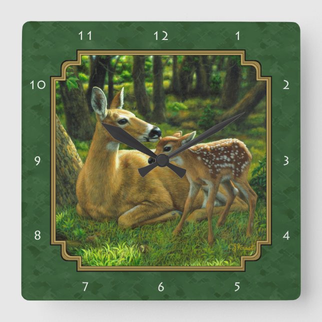 Mother Deer and Fawn Forest Green Quadratische Wanduhr (Vorderseite)