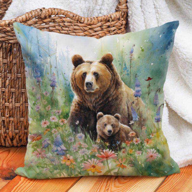 Mother Grizzly Bären Cub Blume Malerei Kissen (Mother grizzly bear and cub painting pillow)