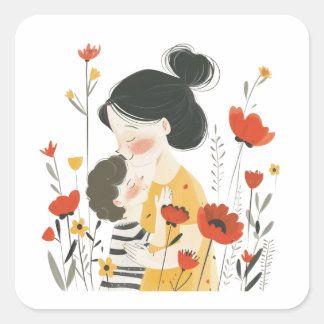 Mother Hugging her Son Asian Chinese Japanese      Quadratischer Aufkleber