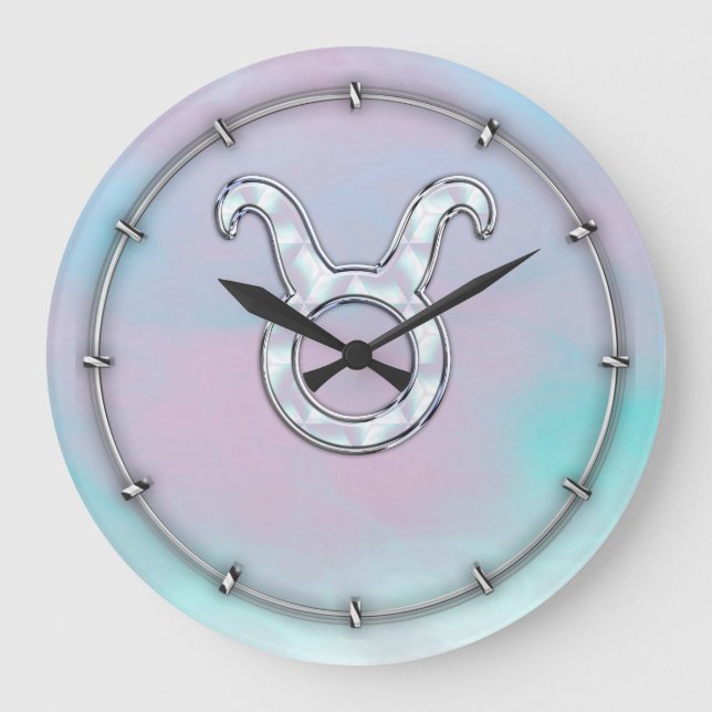 Mother of Pearl Taurus Zodiac Symbol Große Wanduhr (Vorderseite)