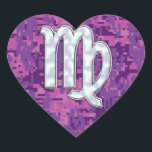 Mother of Pearl Virgo Zodiac on Pink Digital Camo Herz-Aufkleber<br><div class="desc">A mother of pearl Like Virgo Zodiac Sign on Digital Camouflage in pink purple and fuchsia background. A modern urban girly style design for a great custom skin gift idea. Use the "Ask this Designer" link to contact us with your special design requests or for some assistance with your customization...</div>