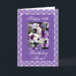 Mother’s birthday pansies karte<br><div class="desc">Greeting card for mom's 85th birthday with lace frame and foto of pansies on purple / lavender background. Personalize! Die Post-Tarjeta-Postanschrift ist wie eine blöde Fotoaufnahme von Florecitas para el cumples von uma mama! Personalize su mensaje! Greeting card in Spanish for mother's day with foto of flowers on purple background...</div>