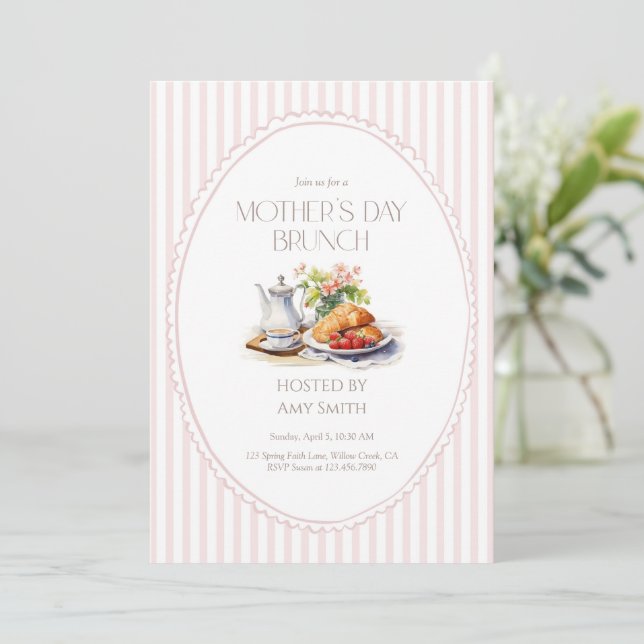 Mother’s Day Brunch Pink Stripes Breakfast Einladung (Stehend Vorderseite)