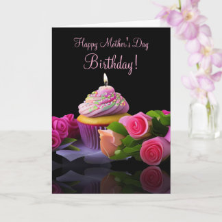 Mothers Day Birthday with Cupcake and Flowers Karte