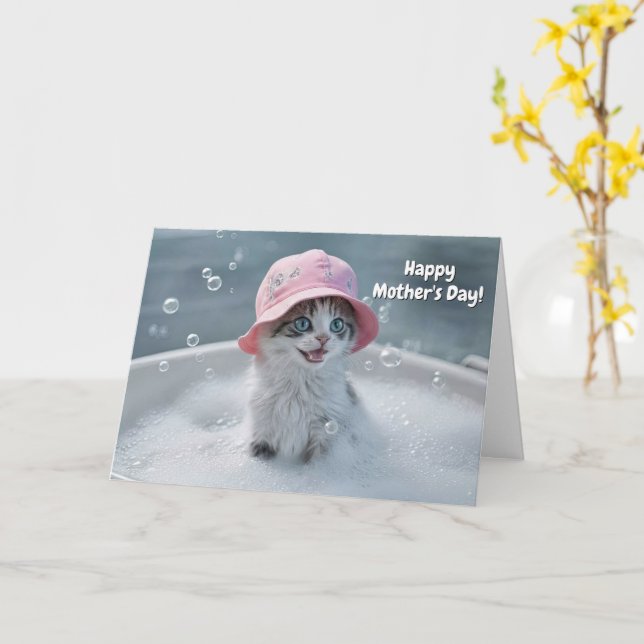 Mothers Day Cute and Fun Cat Bubble Bath Karte (Gelbe Blume)