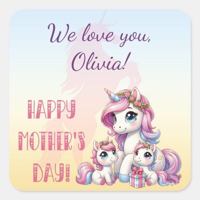 Mother's Day Unicorn-Themed Party Quadratischer Aufkleber (Vorderseite)