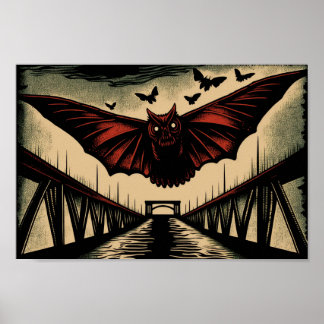 Mothman und Bridge Spooky Holzschnitt Art Print Poster