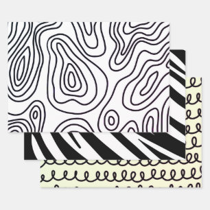motif à doodle noir blanc feuille d'emballage