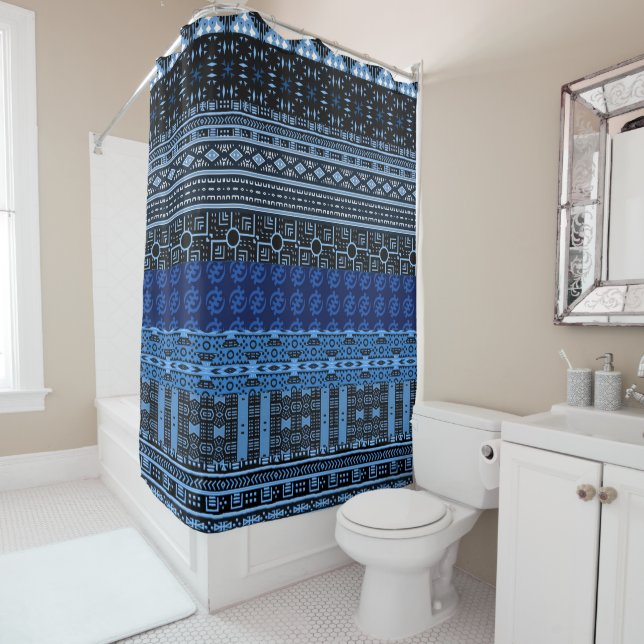 Motif Afro Bleu Africain Mélanger rideau de douche (En situation)