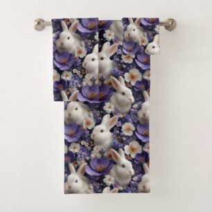 Motif aux lapins blancs et fleurs violettes