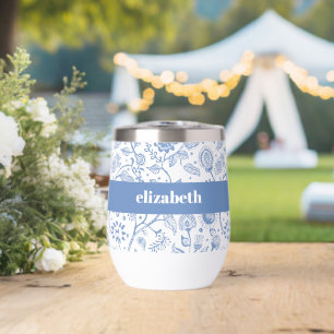 Motif botanique floral blanc bleu Nom personnalisé