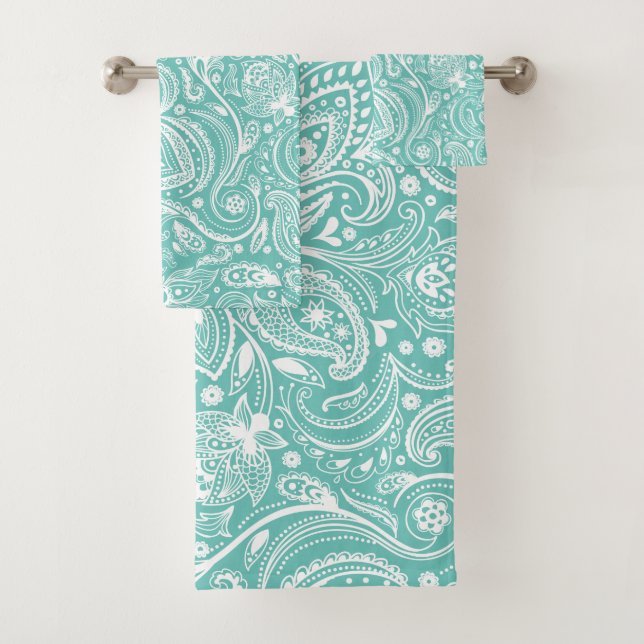 Motif cachemire blanc sur arrière - plan turquoise (En situation)