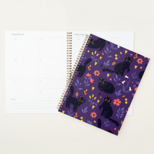 Motif Chats noirs et Fleurs sauvages