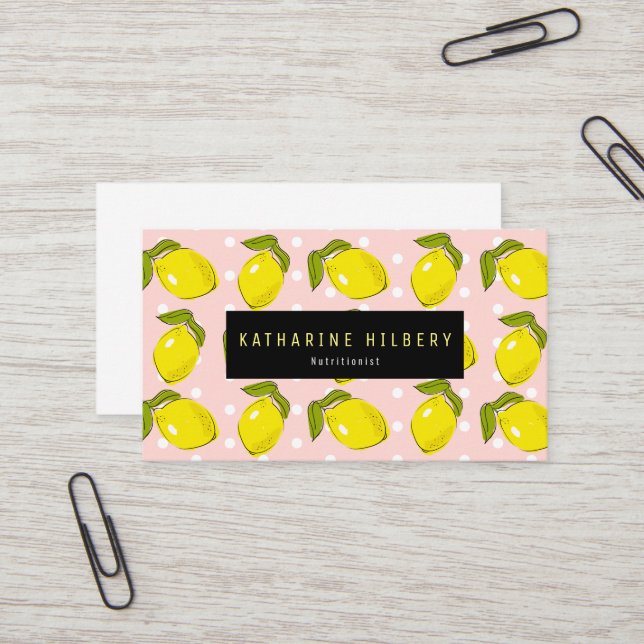 Motif citron Polka Dot Carte de visite rose pâle (Devant/Arrière en situation)