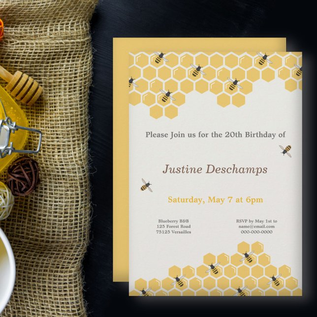 Motif d'abeilles et d'abeilles Invitation d'annive (Bee and Honeycomb Birthday Invitation)