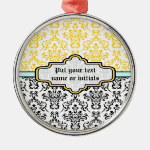 Motif Damas noir blanc jaune aqua ornement