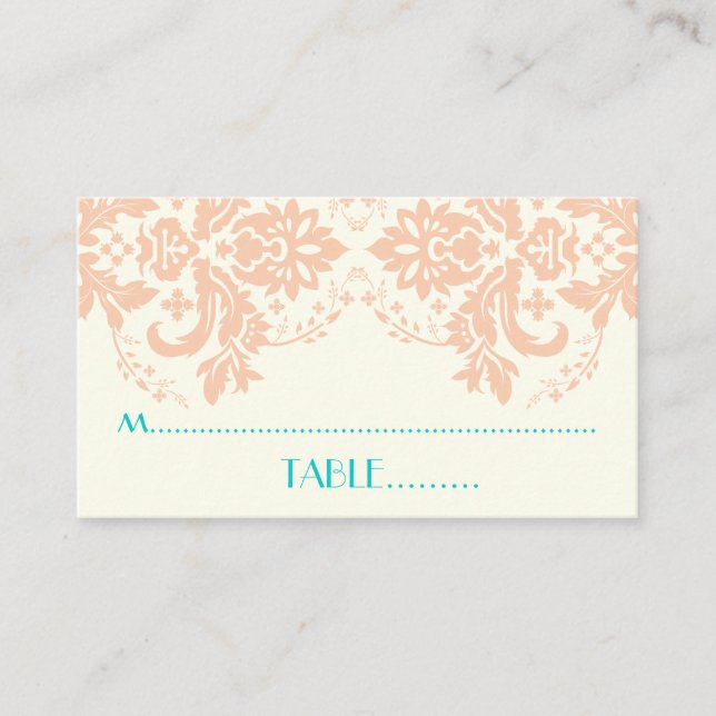 Motif damassé pêche, aqua, ivoire mariage carte pl (Devant)