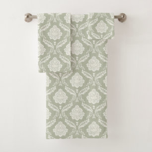 Motif Damassé Rococo Crème sur Fond Vert