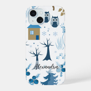 Motif d'arbres, de hiboux, de pins et de flocons d