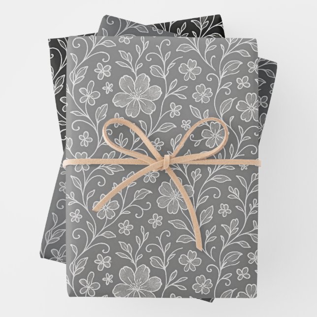 Motif D'Art Floral Feuille Classique En Gris Et No (En situation)