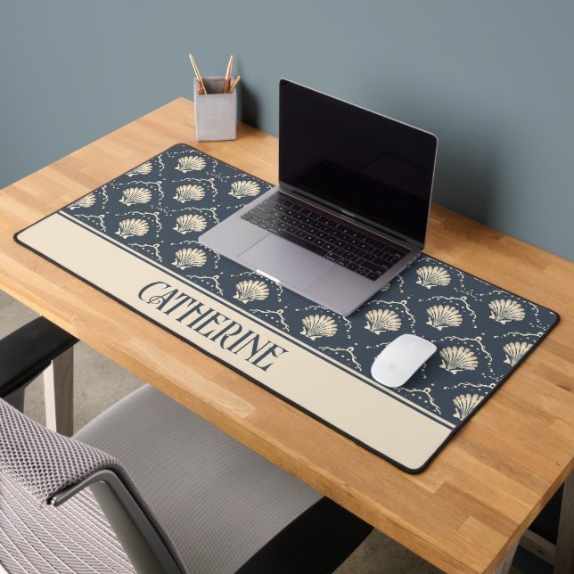 Motif de coquillages bleu profond et crème Personn (Bureau 2)