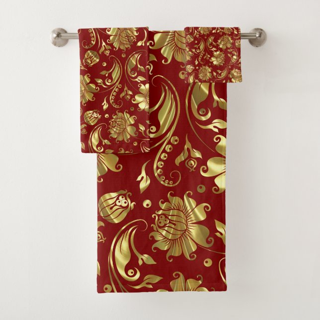 Motif de damas florales or et rouge foncé (En situation)