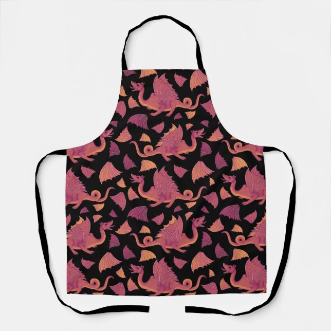 Motif de dragon rouge orange sur tablier noir (Recto)