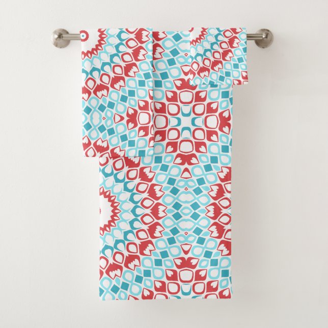 Motif de mandala géométrique rouge et aqua (En situation)