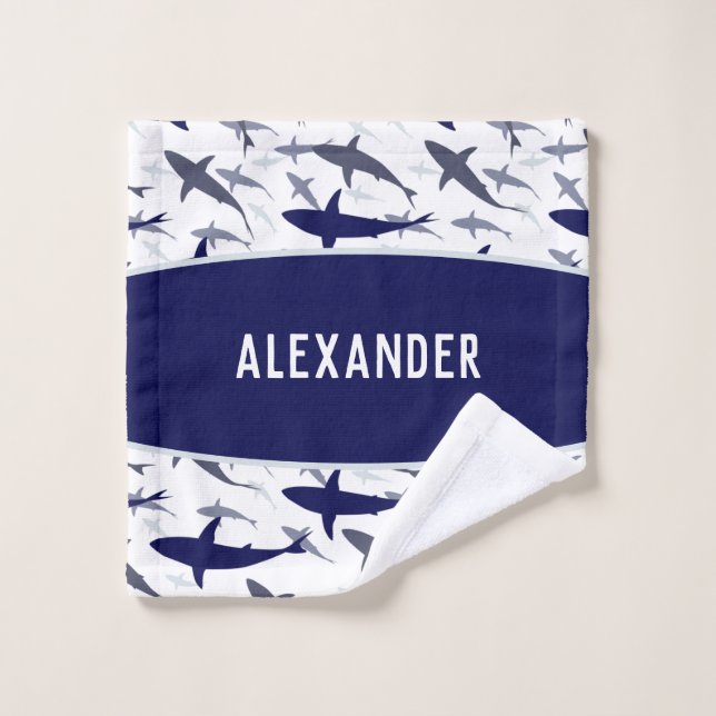 Motif de requin bleu et blanc avec nom Boy (Gant de toilette)