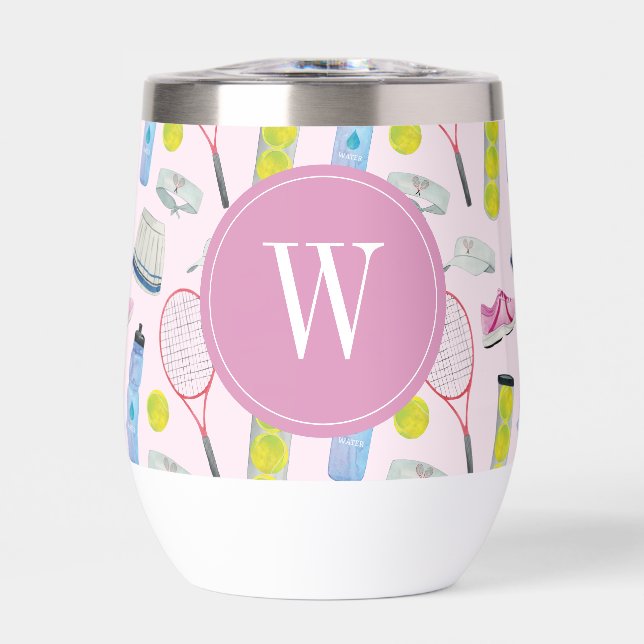 Motif de tennis rose aquarelle Monogramme (Avant)