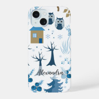 Motif des arbres, des hiboux, des pins et des floc