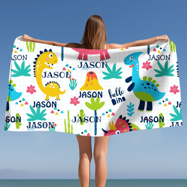 Motif Dinosaur lumineux avec nom personnalisé (Bright Dinosaur Pattern with Custom Name Bath Towel)