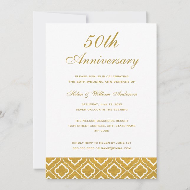 Motif d'or 50e anniversaire Mariage Invitation (Devant)